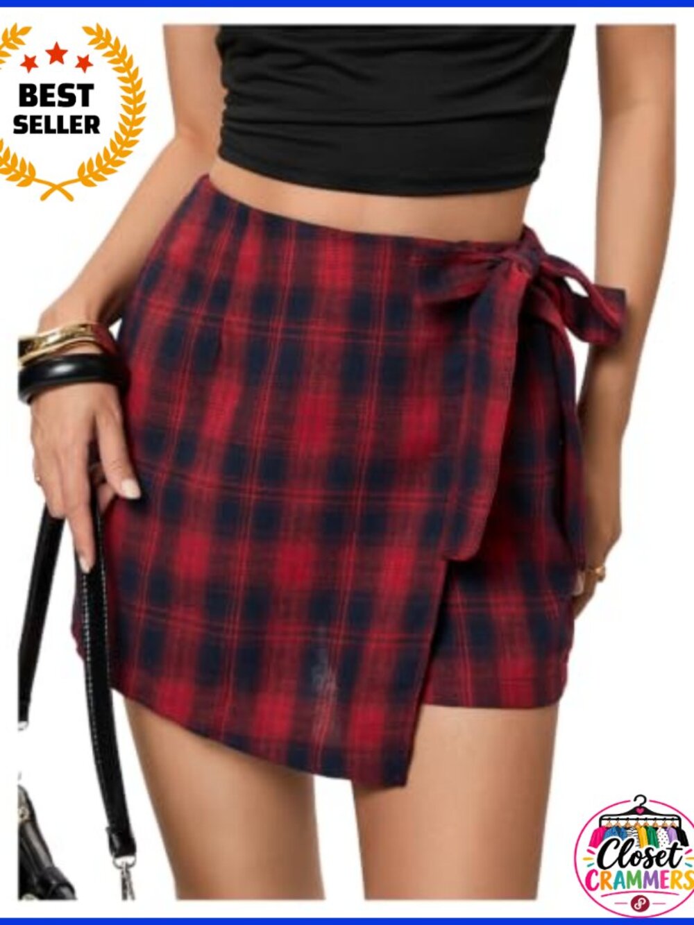 Houndstooth Print Tie Front Asymmetrical Hem Wrap Skorts